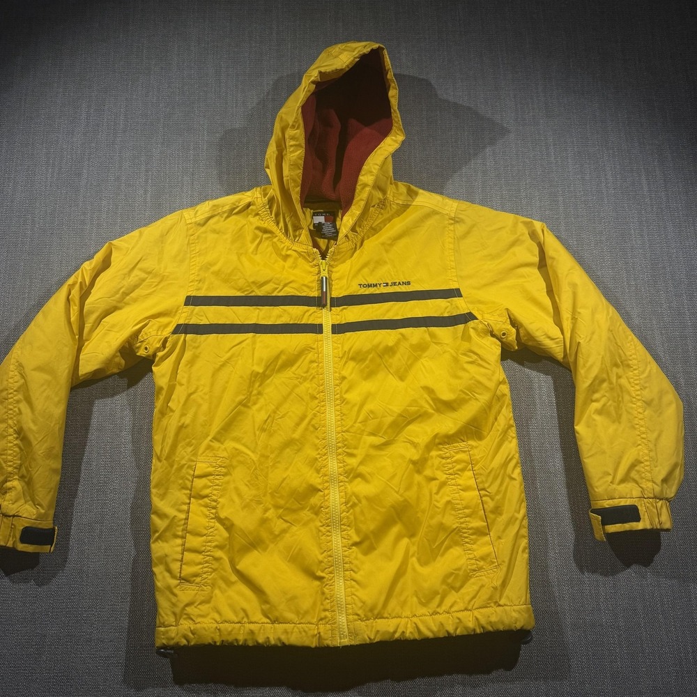 Vintage Tommy Hilfiger Jacket Mens Medium Yellow Hooded Nylon Tommy Jeans Stripe